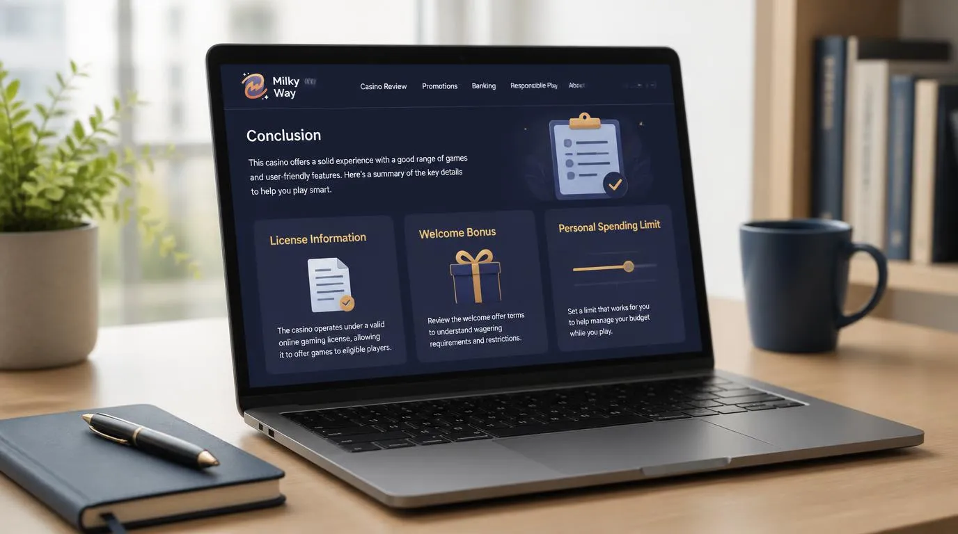 Laptop z panelem oceny kasyna oraz zakładkami licencji, warunków bonusu i limitu wydatków